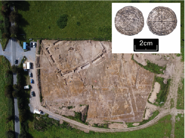 Aerial view of moated enclosure at Ballinimlagh during excavation with inset showing two sides of a medieval coin from the site (Rubicon/TVAS)